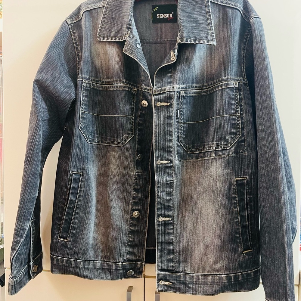 SENSOR Mens / Women’s black/ Gray washed Cotton denim jacket Sz S  Like M/ L